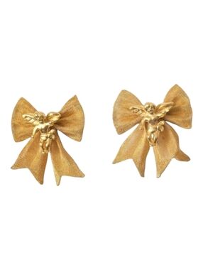 Vintage Gold Tone 90s Cherub Bow Earrings Pierced Rare